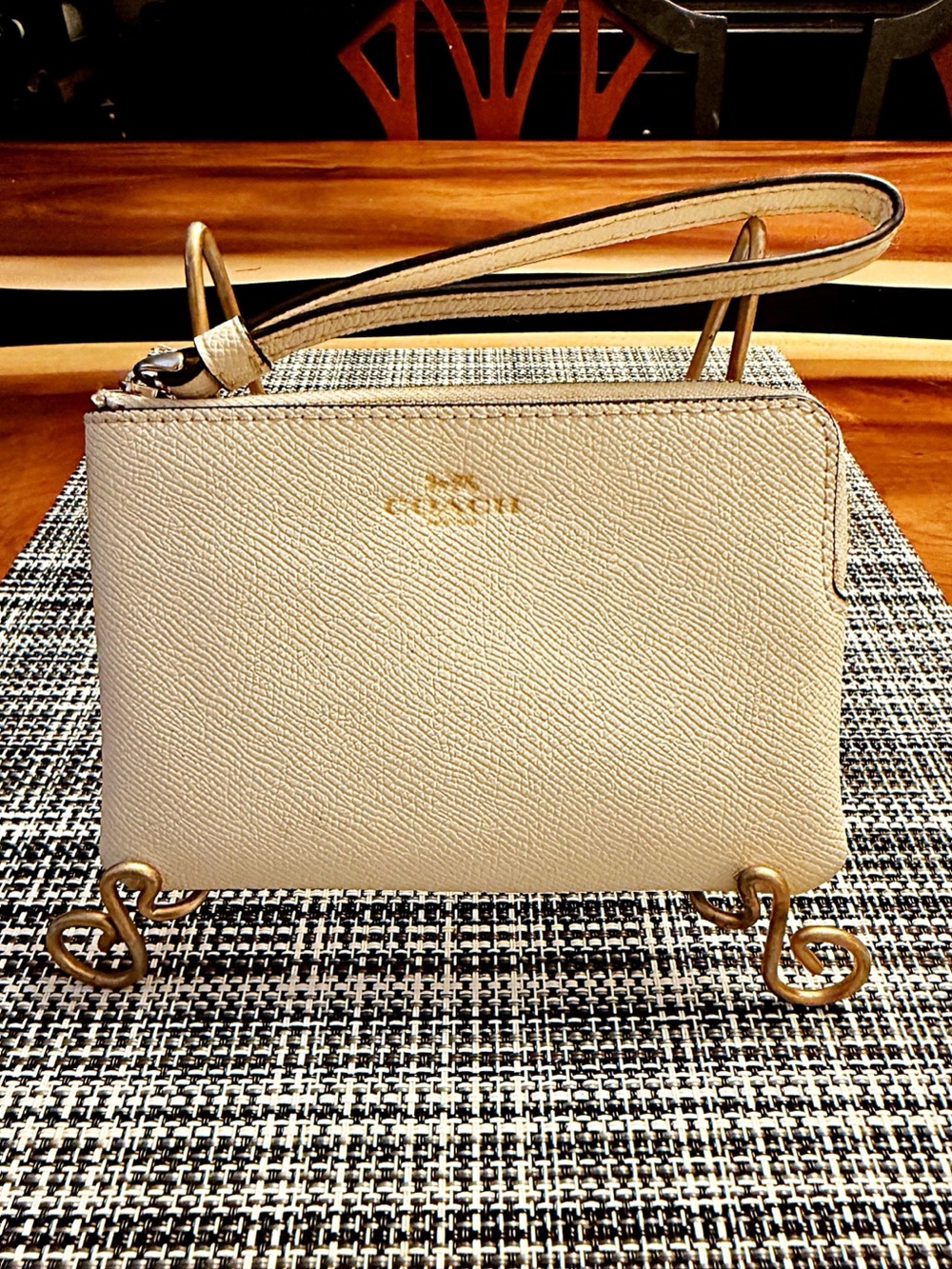 Coach Cream Leather Wristlet with Gold Logo